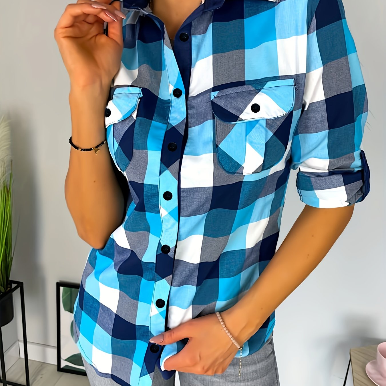 Plus Size Plaid Print Button Up Long Sleeve Shirt
