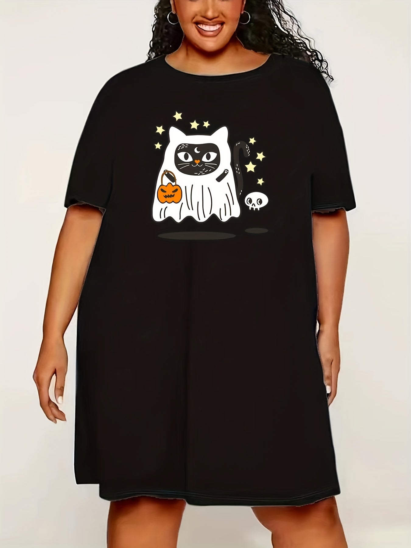 Halloween Dress Cat Ghost & Pumpkin Print Round Neck Nightdress
