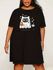 Halloween Dress Cat Ghost & Pumpkin Print Round Neck Nightdress