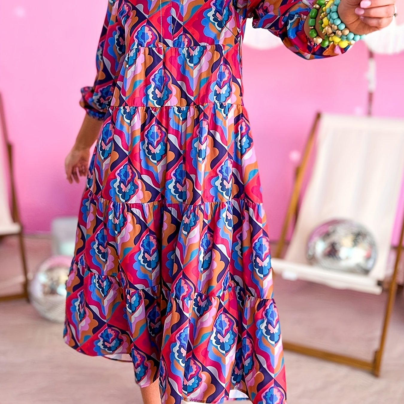 Women's Plus Geometric Print Long Sleeve V Neck Maxi Dress