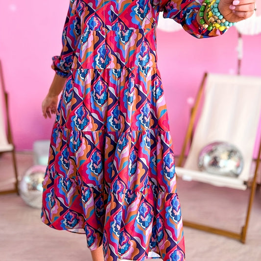 Women's Plus Geometric Print Long Sleeve V Neck Maxi Dress