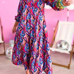 Women's Plus Geometric Print Long Sleeve V Neck Maxi Dress