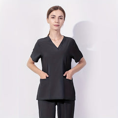 Zipper Pocket Front Scrub Tops Short Sleeve Work Tops For Nurse Women
