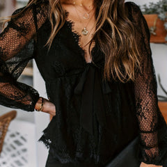 Floral Lace Long Sleeve V Neck Semi Sheer Blouse