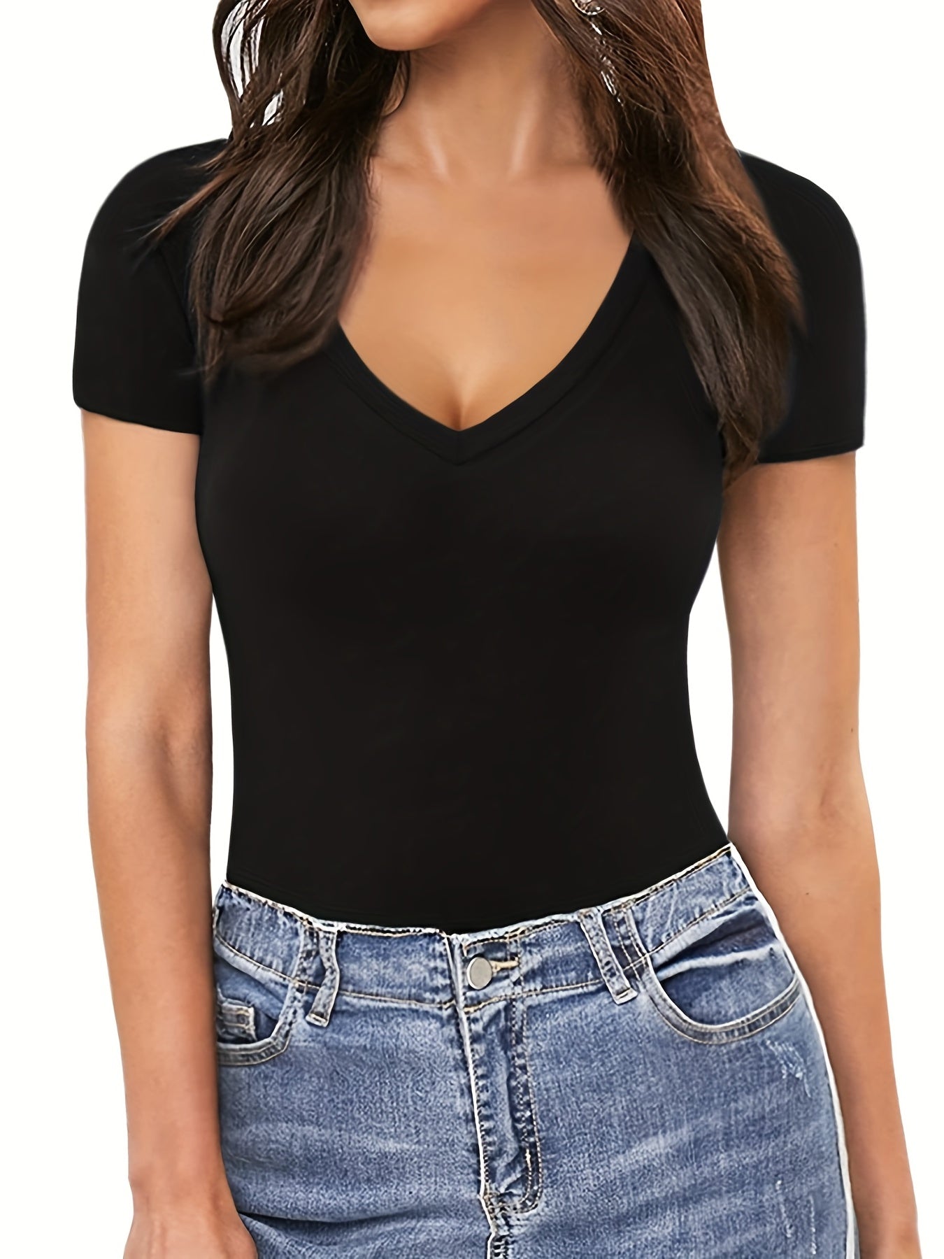 Sexy V Neck Bodysuit Short Sleeve Slim Summer One Piece