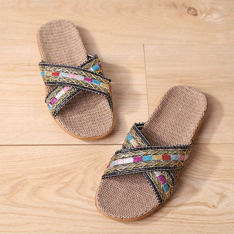 Women's Cross Strap Flat Linen Slides Comfy Ultra Light Open Toe Slip On Shoes