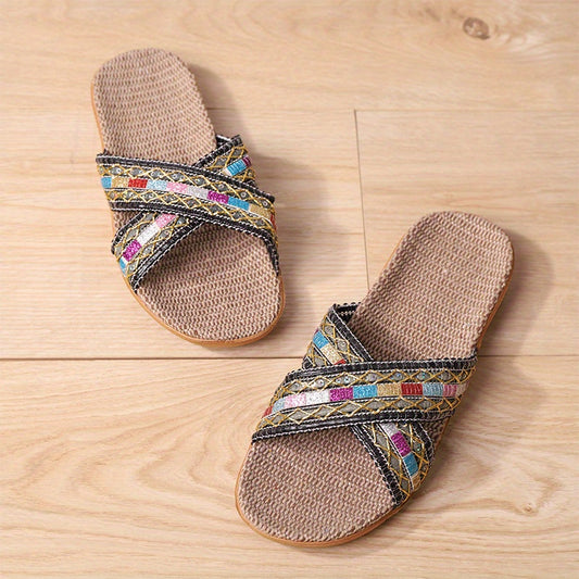 Women's Cross Strap Flat Linen Slides Comfy Ultra Light Open Toe Slip On Shoes