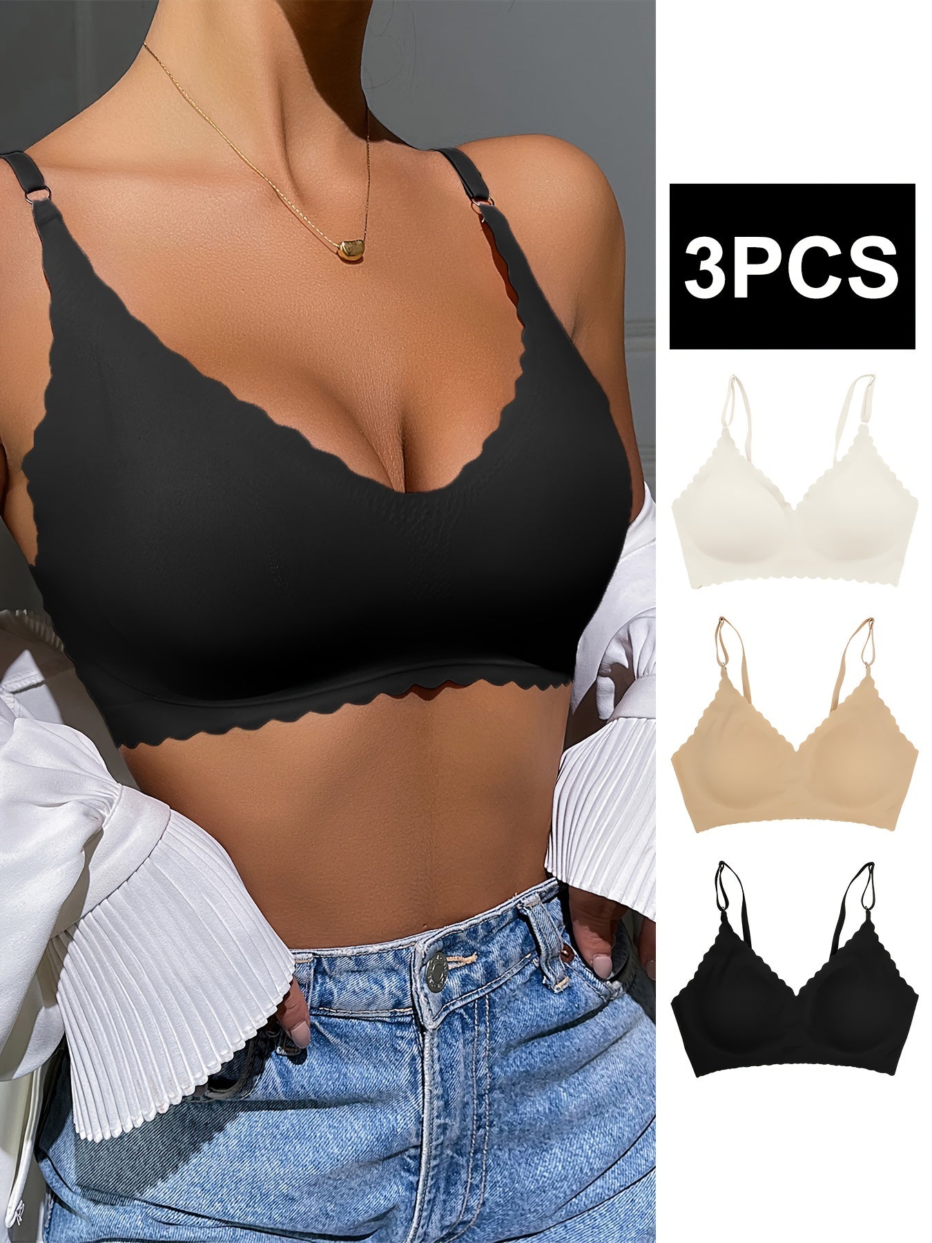 3pcs Scallop Trim Wireless Bras Push Up Intimates Bra Women's Lingerie
