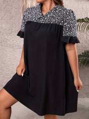 Colorblock Ditsy Print Ruffle Trim V Neck Dress