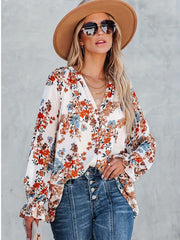 Women's Plus Floral Print Ruffle Trim Lantern Sleeve V Neck Blouse