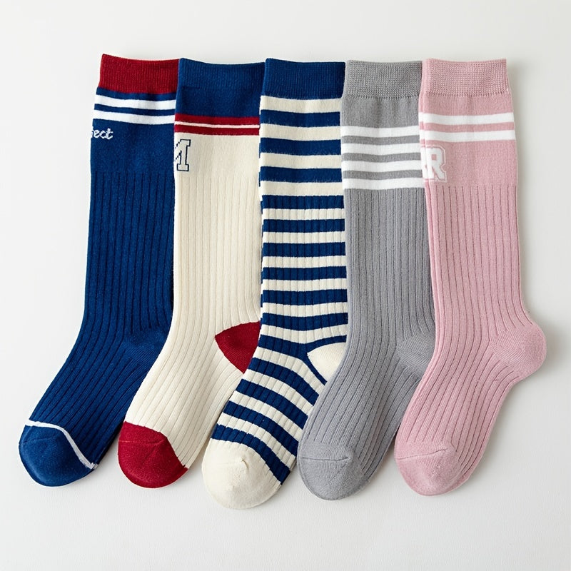 5 Pairs Girls Kids Knee High Calf Socks, Letters Print Striped, Spring Autumn