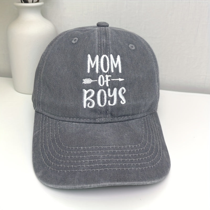 MOM OF BOYS Baseball Cap Embroidery Washed Distressed Gray Dad Hat