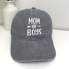 MOM OF BOYS Baseball Cap Embroidery Washed Distressed Gray Dad Hat
