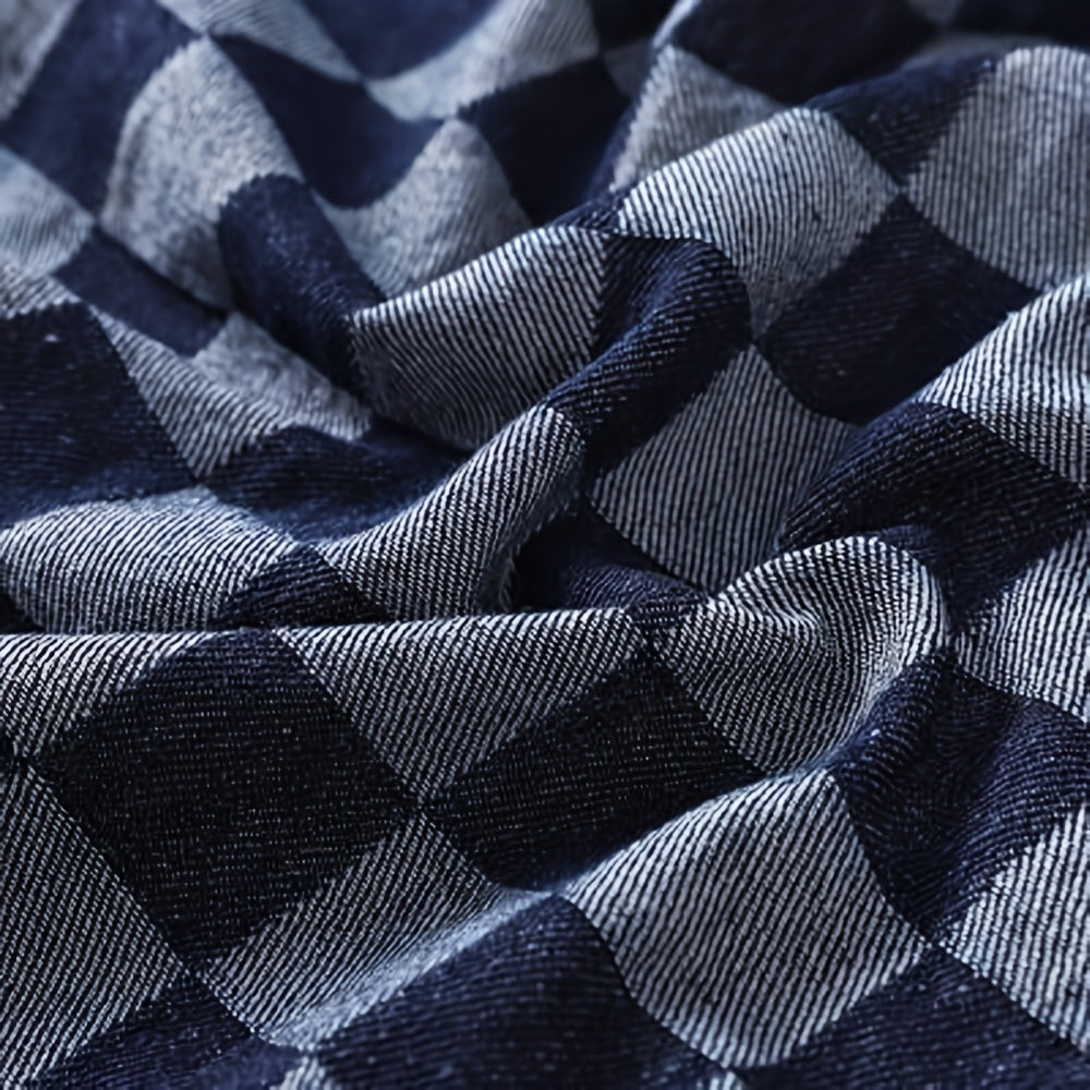 1yard Plaid Jacquard Washed Denim Fabric Checkerboard Coat DIY