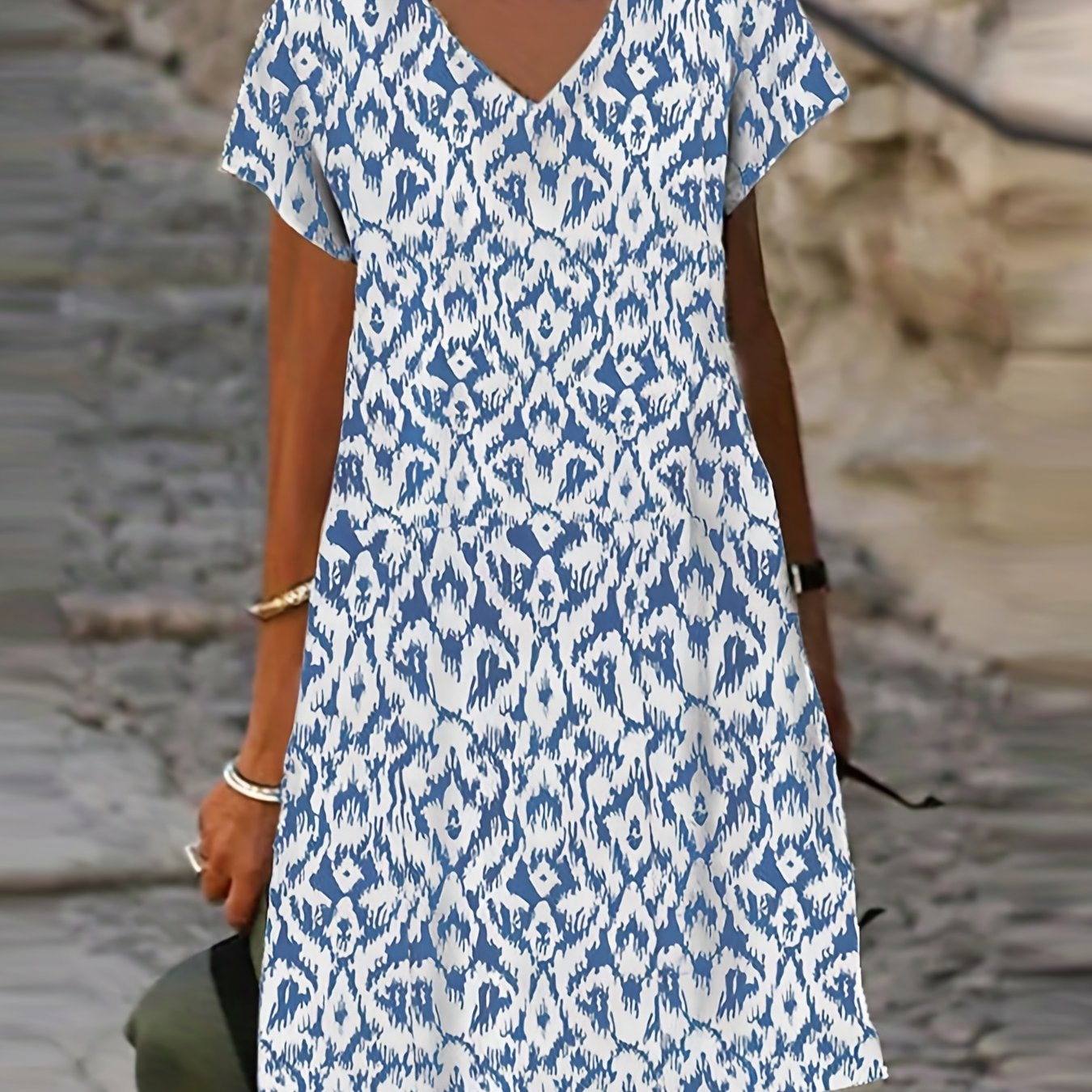 Ikat Print V Neck Stretch Dress