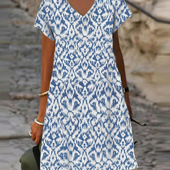Ikat Print V Neck Stretch Dress