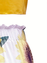 Spring/Summer 2pc Set Cropped Ruffle Trim Tops & Sunflower Wide Leg Pants