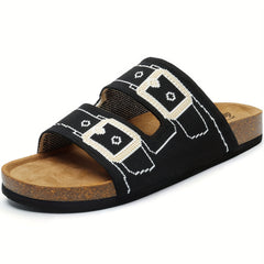 Women's Double Band Footbed Sandals Buckle Pattern Slides