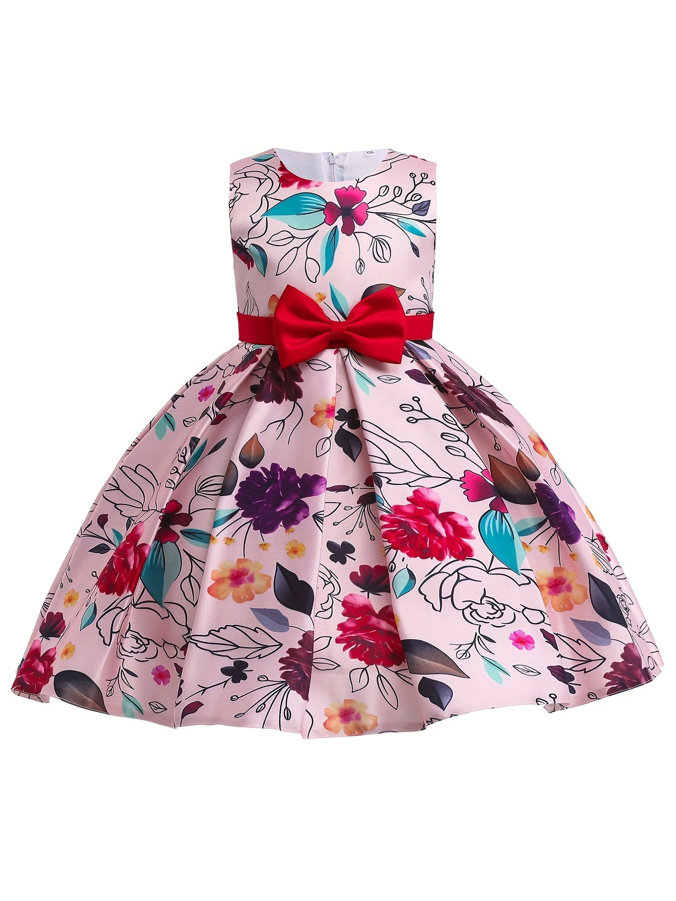Girls Satin Flower Print Princess Dress Bow Front Evening Dress