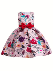 Girls Satin Flower Print Princess Dress Bow Front Evening Dress