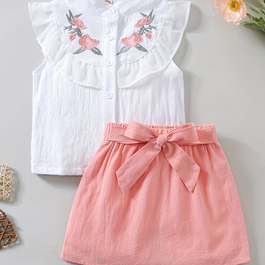 Girls Ruffled Flower Embroidery Sleeveless Top & Skirt Set