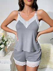 Lace Pajama Set V Neck Cami Top & Scallop Trim Shorts Women's Sleepwear