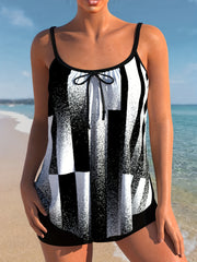 Modest Tankini Set Splash & Striped Print Cami Top & Shorts Swimsuit