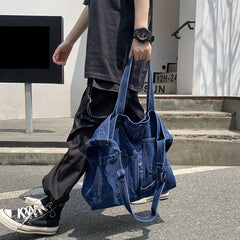 Vintage Denim Tote Bag Crossbody Handbag for School Work Travel