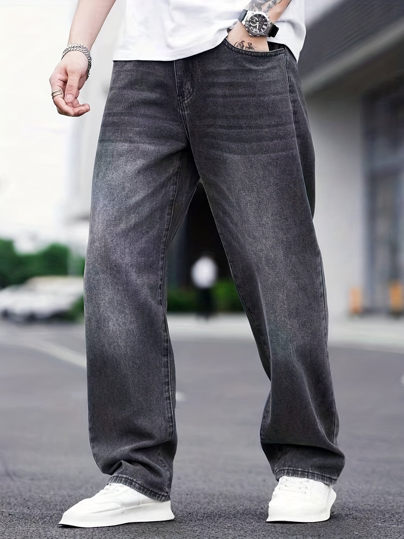 Men's Distressed Denim Pants Loose Fit Wide Leg Jeans