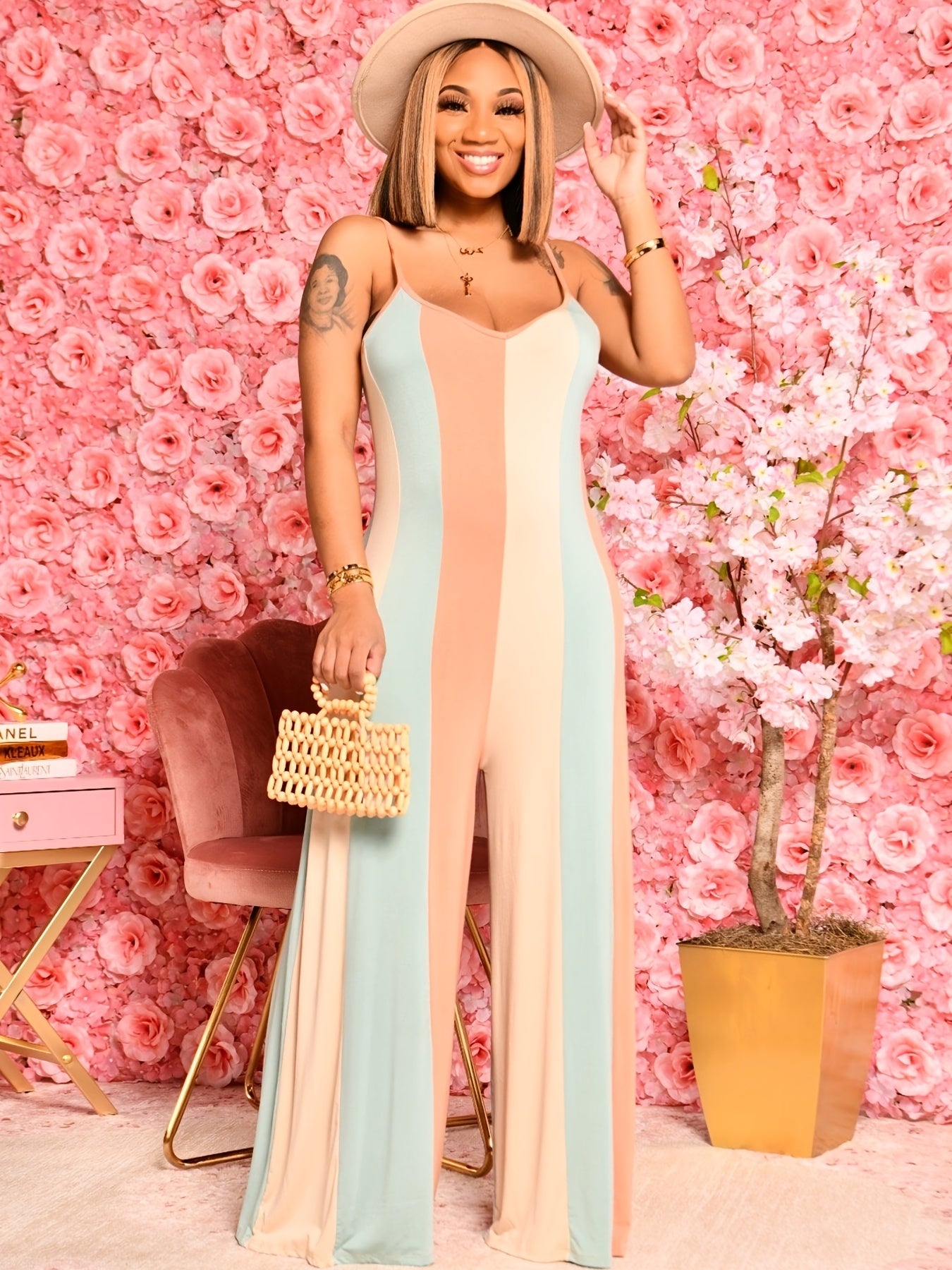 Colorblock Loose Fit Cami Wide Leg Jumpsuit Plus Size