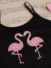 Flamingo Print Pajama Set Cami Top & Shorts & Pants