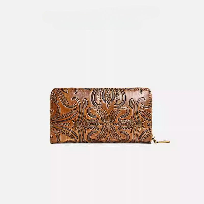 Floral Embossed Leather Clutch Zipper Closure Purple Coffee Brown