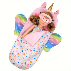 Unicorn Rainbow Sleeping Bag & Eye Mask for Dolls 10-18 Inches