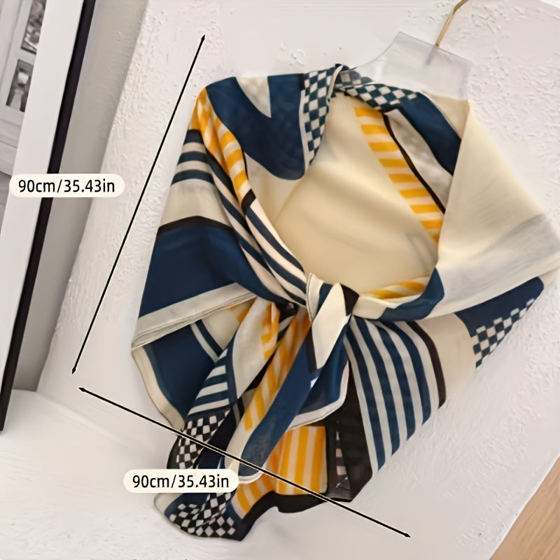 Vintage Block Shawl Square Scarf with Herringbone Stripe Pattern