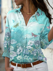 Floral & Butterfly Print Long Sleeve Blouse