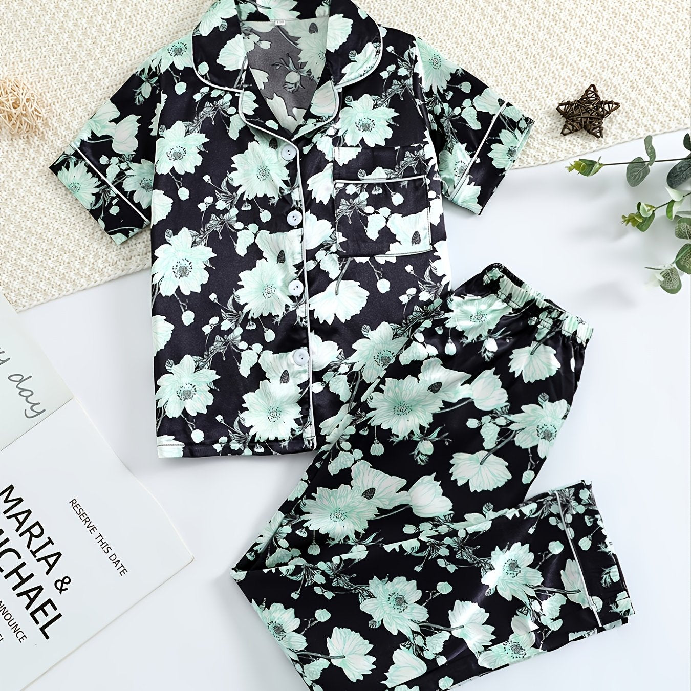 Girls Green Flower Short Sleeve Pajama Set