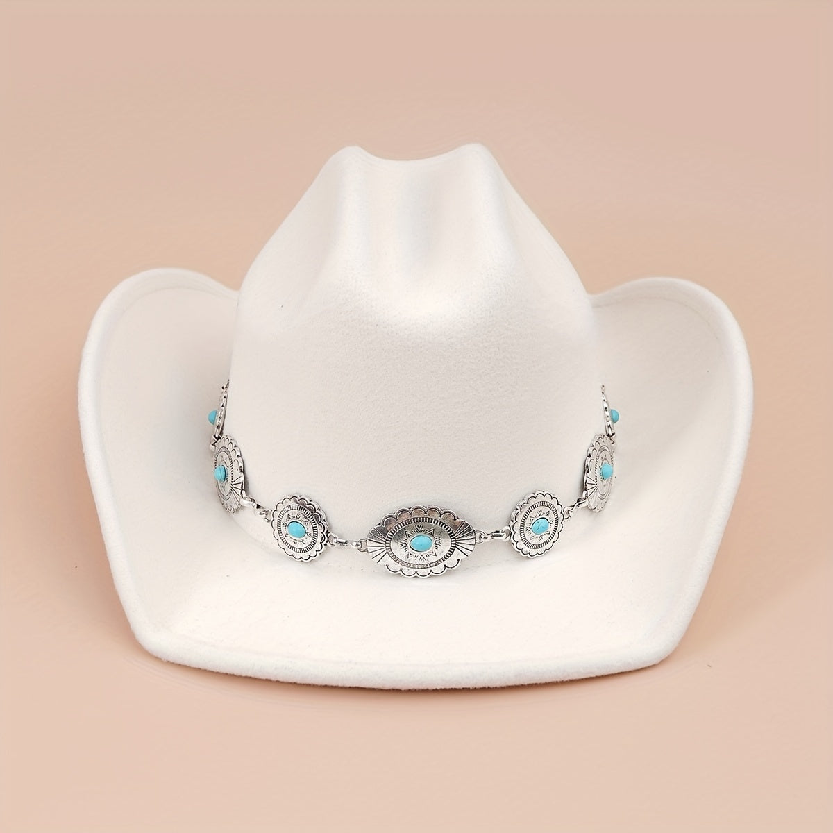 Turquoise Chain Decor Fedora Cap Solid Boho Jazz Hat Unisex Cowgirl Felt Hat