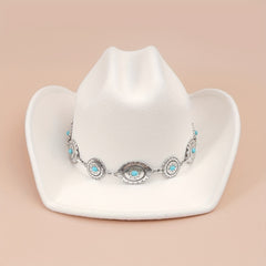 Turquoise Chain Decor Fedora Cap Solid Boho Jazz Hat Unisex Cowgirl Felt Hat