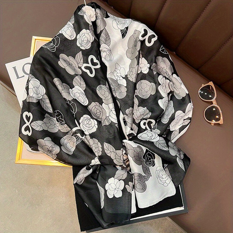 Camellia Print Large Satin Silk Scarf Shawl