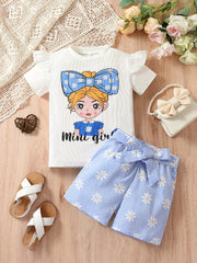 Girls Cartoon Girl Graphic Top & Camo Shorts Set