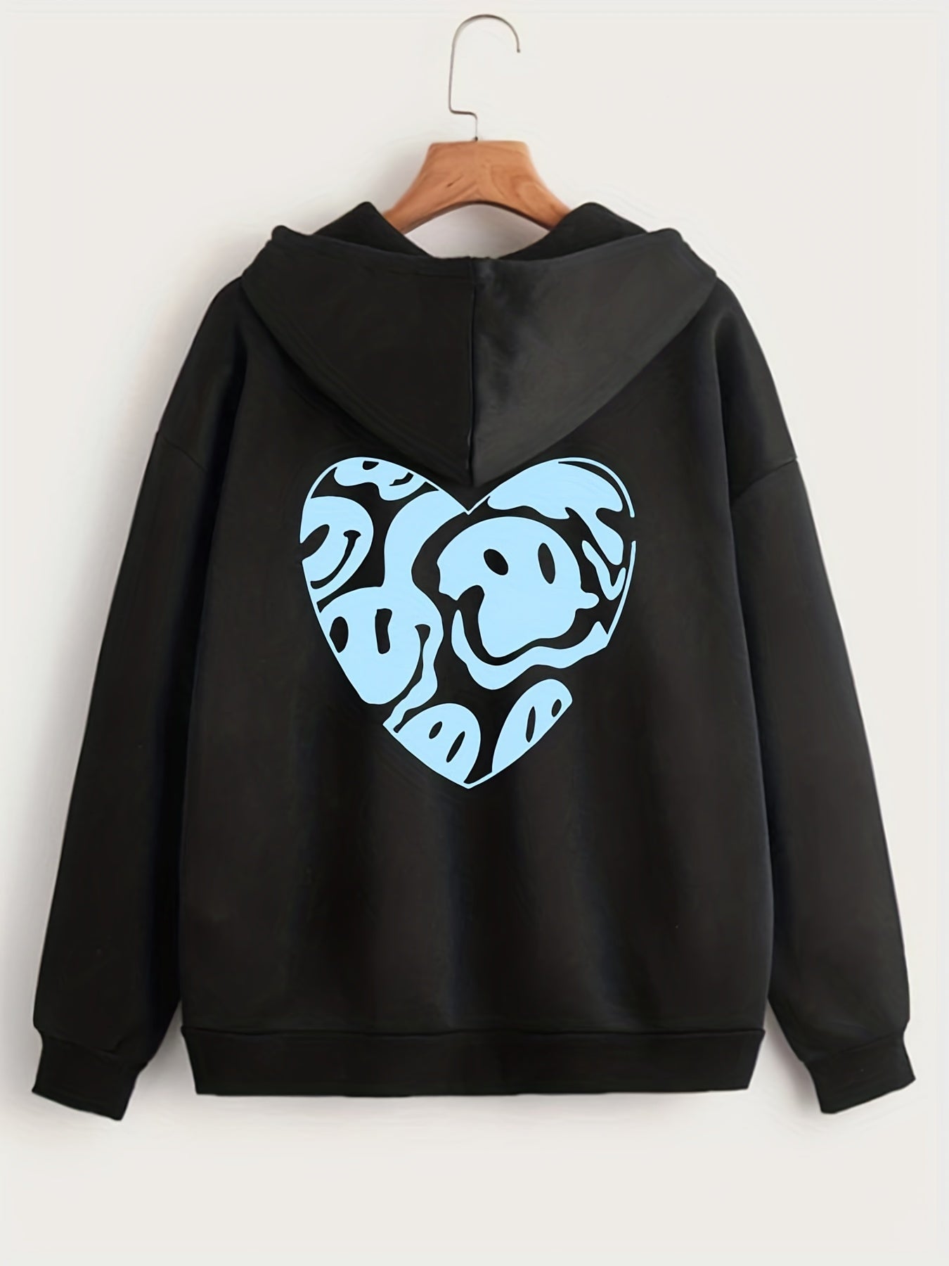 Heart Print Zip Up Hoodie Casual Long Sleeve Drawstring Hoodies Sweatshirt