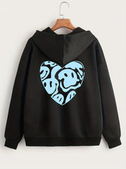 Heart Print Zip Up Hoodie Casual Long Sleeve Drawstring Hoodies Sweatshirt