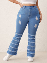 Casual Ripped Flare Jeans High Rise Button Fly Fringe Trim