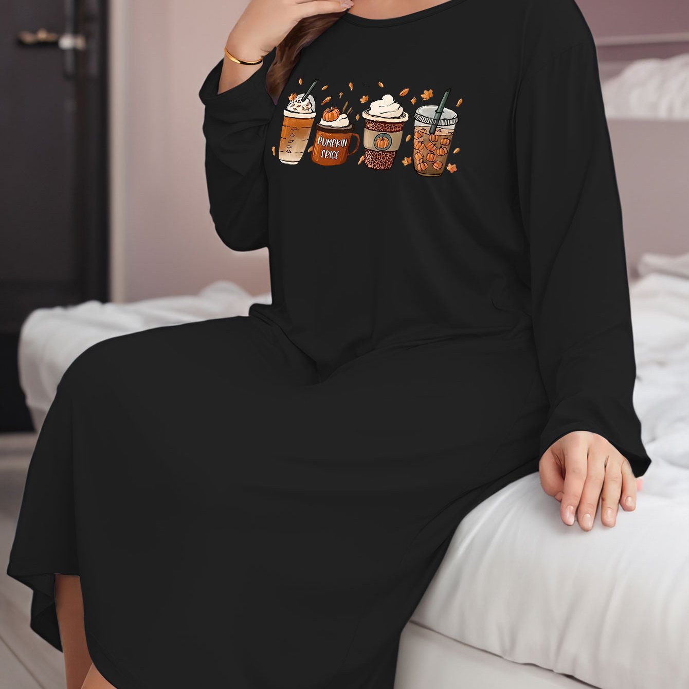 Graphic Print Long Sleeve Sleep Dress