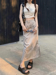 Solid Cargo Skirt High Waist Split Skirt