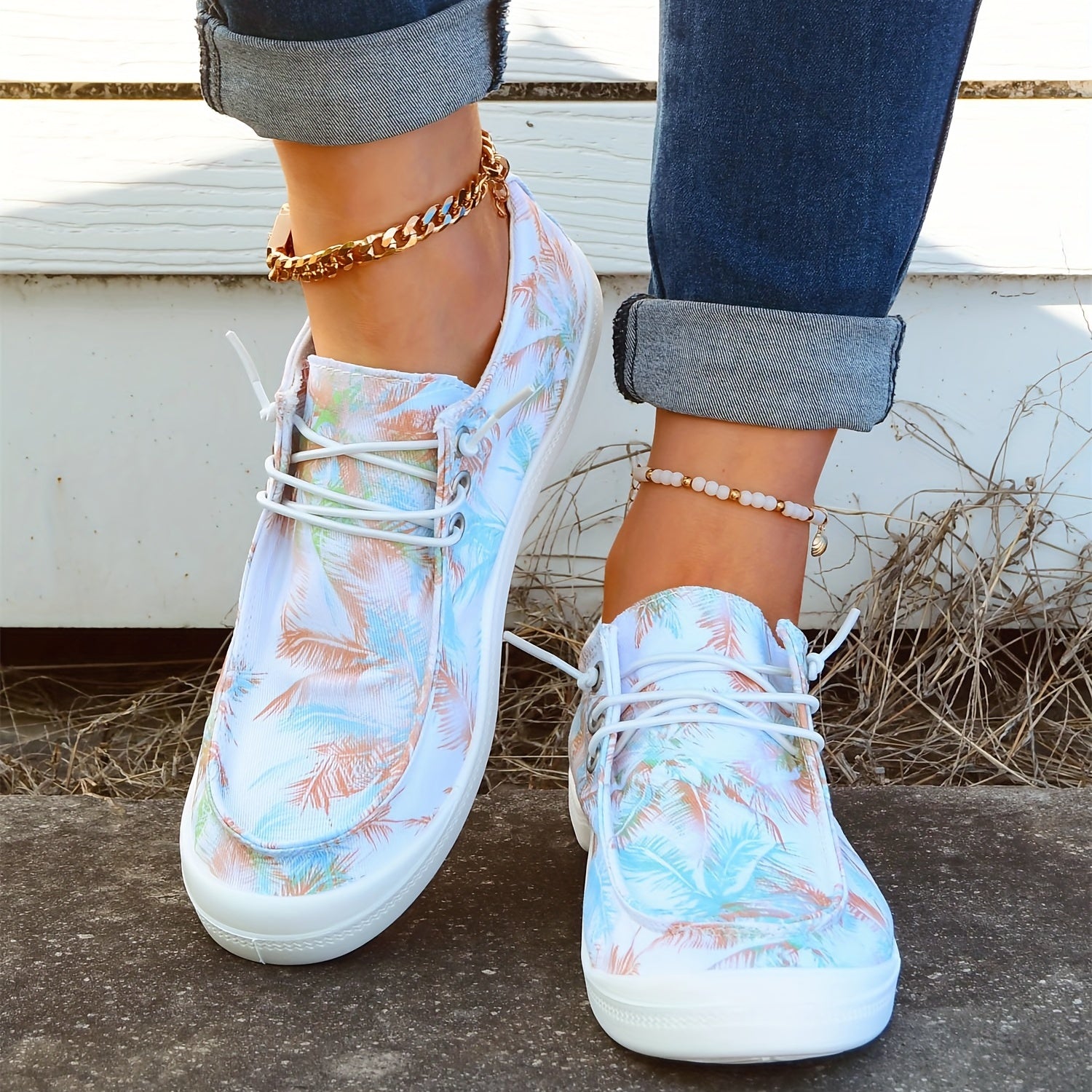 Women's Colorful Coconut Tree Pattern Boat Shoes Lace Up Anti Slip Flat Shoes