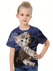 3D Cat Graphic Short Sleeve T-shirt Breathable Pullover Tops