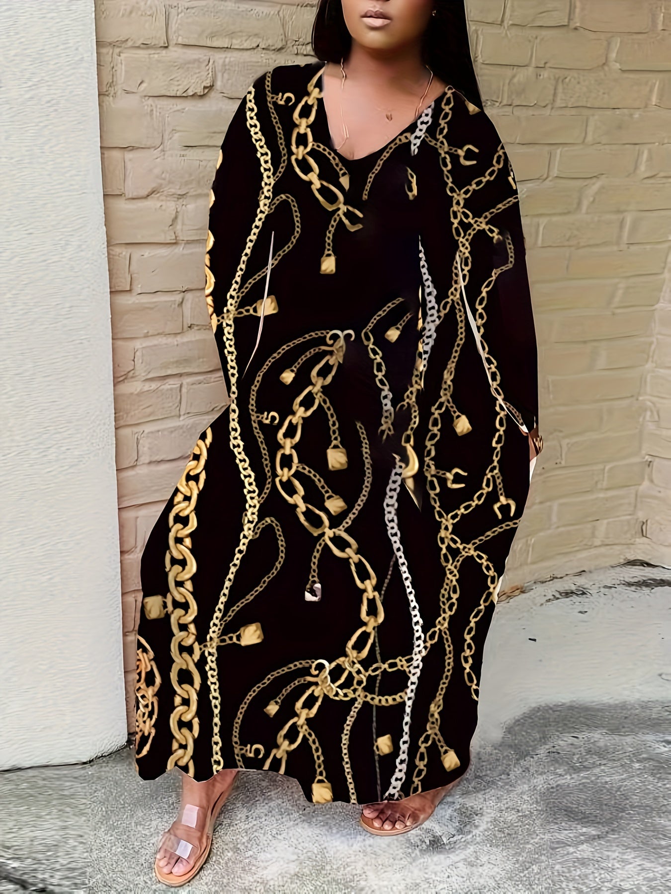 Women's Plus Random Print Long Sleeve Maxi Dress