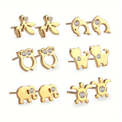 6Pairs Box Animal Stud Earrings Rhinestone Ear Jewelry For Girls Birthday