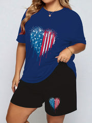 Flag Heart Print Pajama Set Women's Independence Tee & Shorts 2 Piece